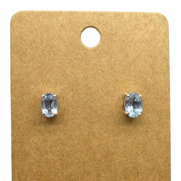 Blue Topaz Stud Earrings Solid 925 Sterling Silver Faceted Oval Stone